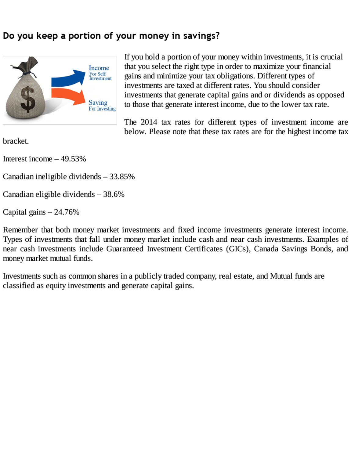 Do you keep a portion of your money in savings? Personal tax planning guide for Canadians